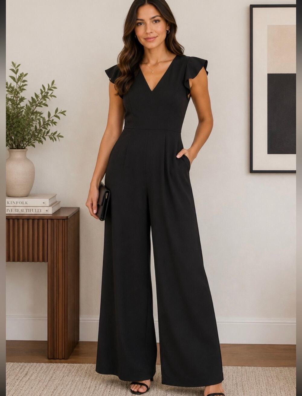 DKNY Black Flutter Sleeve V-Neck Wide-Leg Jumpsuit | Size 14 NWT